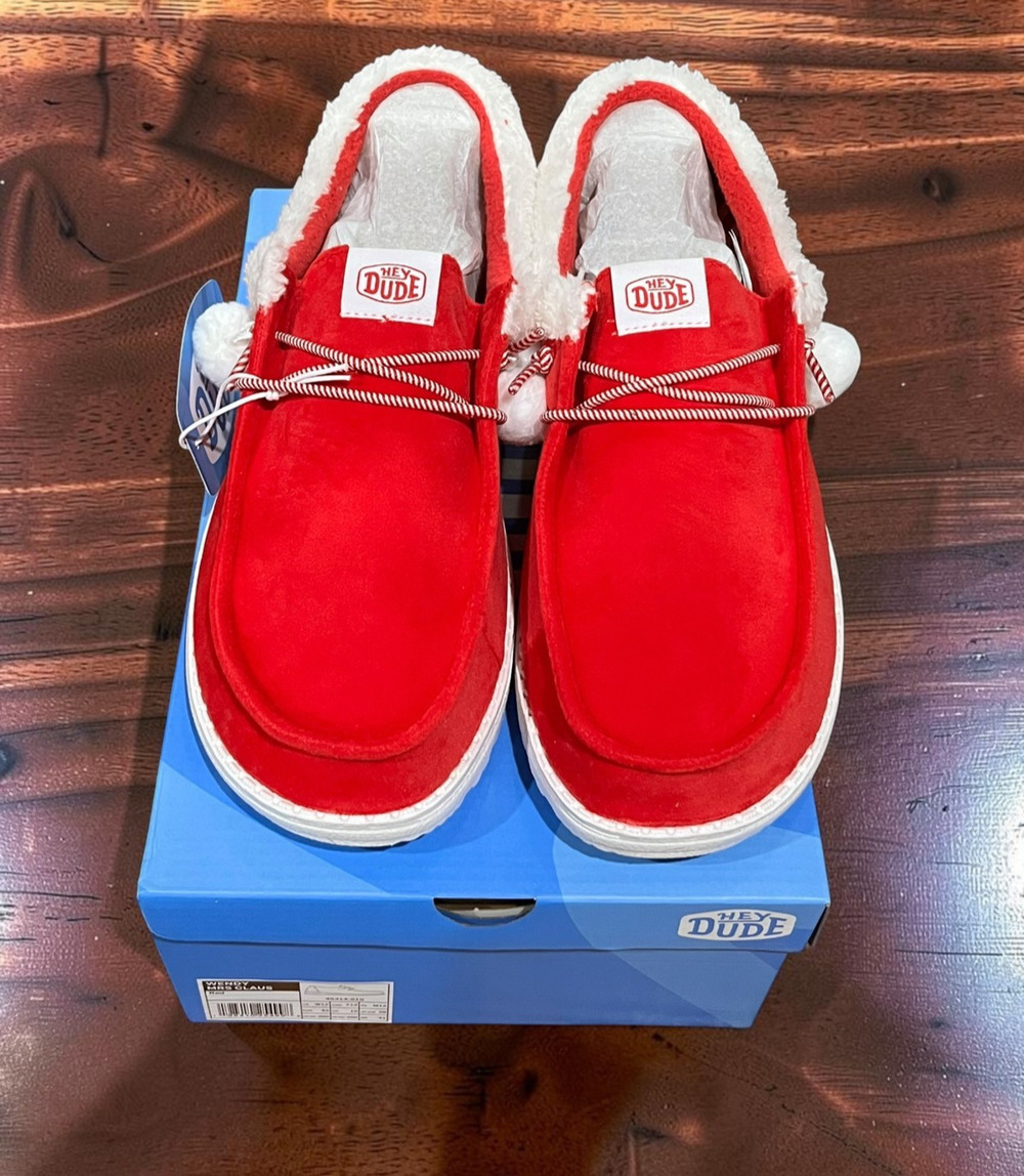 HEYDUDE Christmas Shoes Women 12 Men 10 Red White Faux Fur Holiday NIB